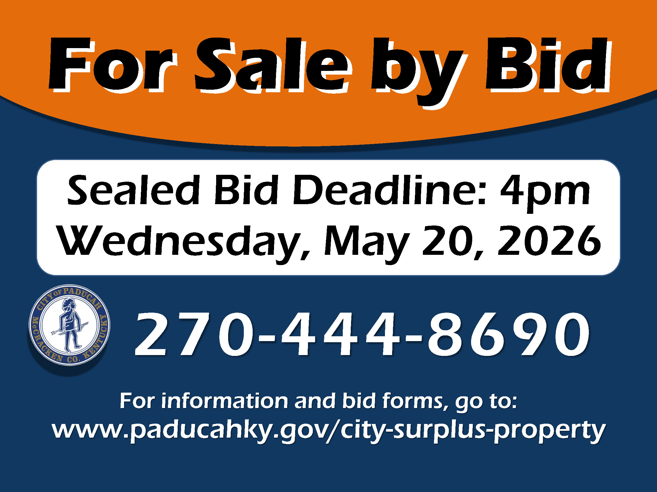 For sale by bid sign for surplus property with May 20, 2026, due date for proposals.