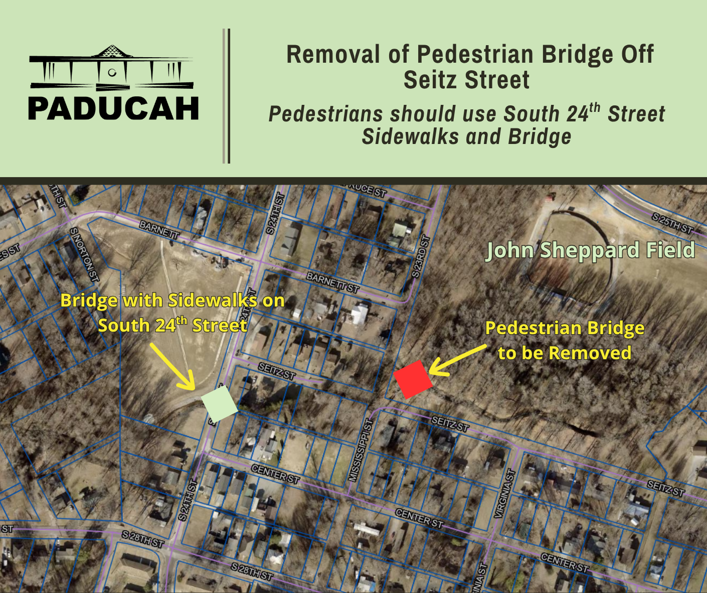 Map showing location of pedestrian bridge and South 24th Street bridge and sidewalks